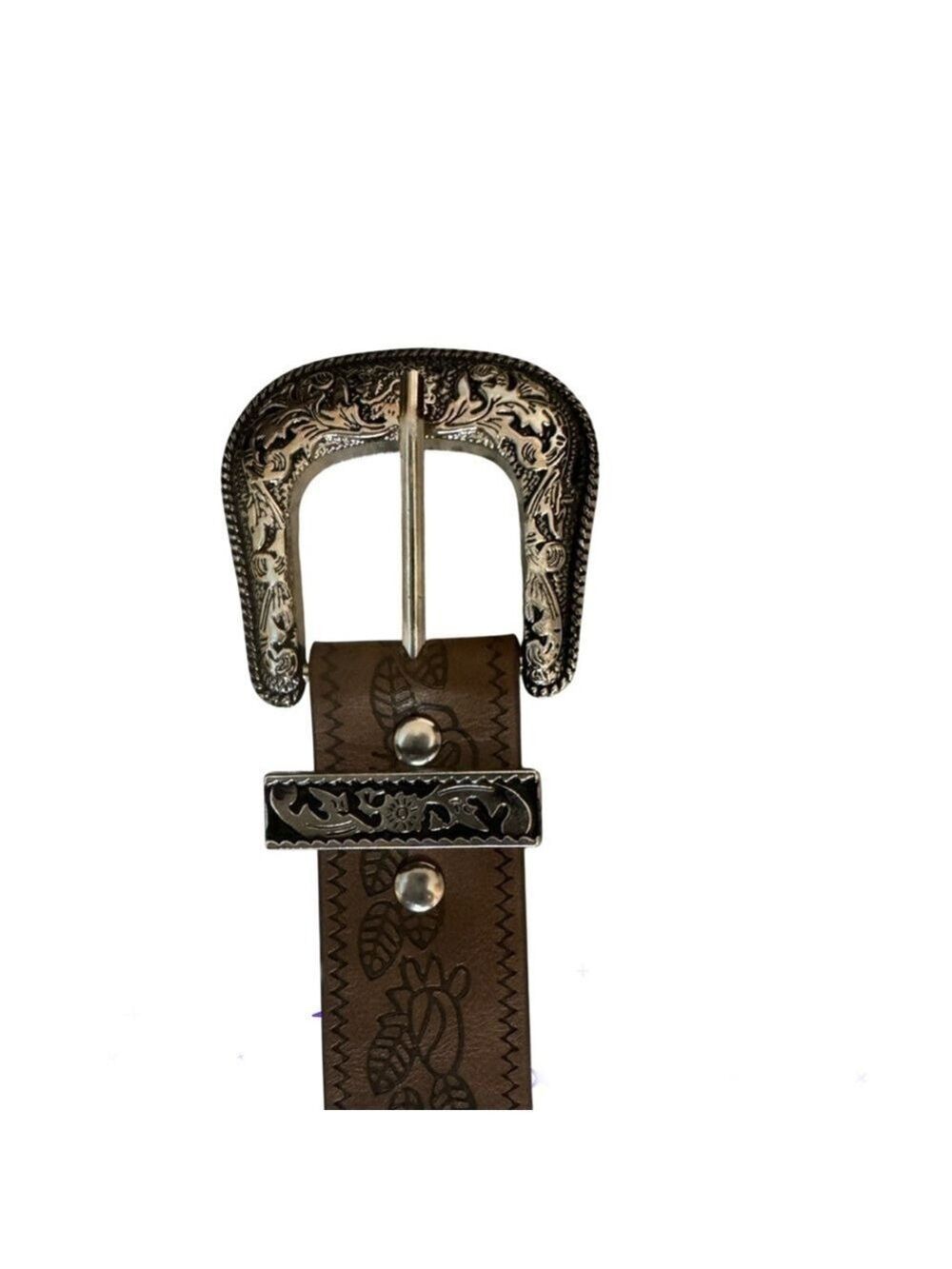 Tan Faux Leather Western Belt Silver Buckle - Picture 5 of 10